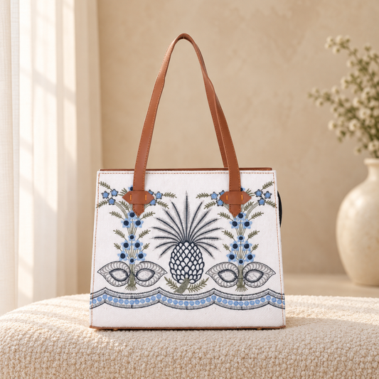 Embroidered Canvas Pineapple Tote Bag for Women White in a cozy cream setting
