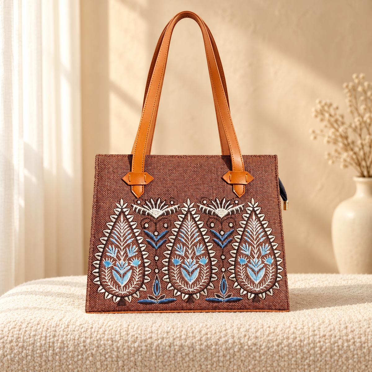 Sea Siren Water Drop Embroidery Shoulder Bag for Women Brown in a cozy cream setting