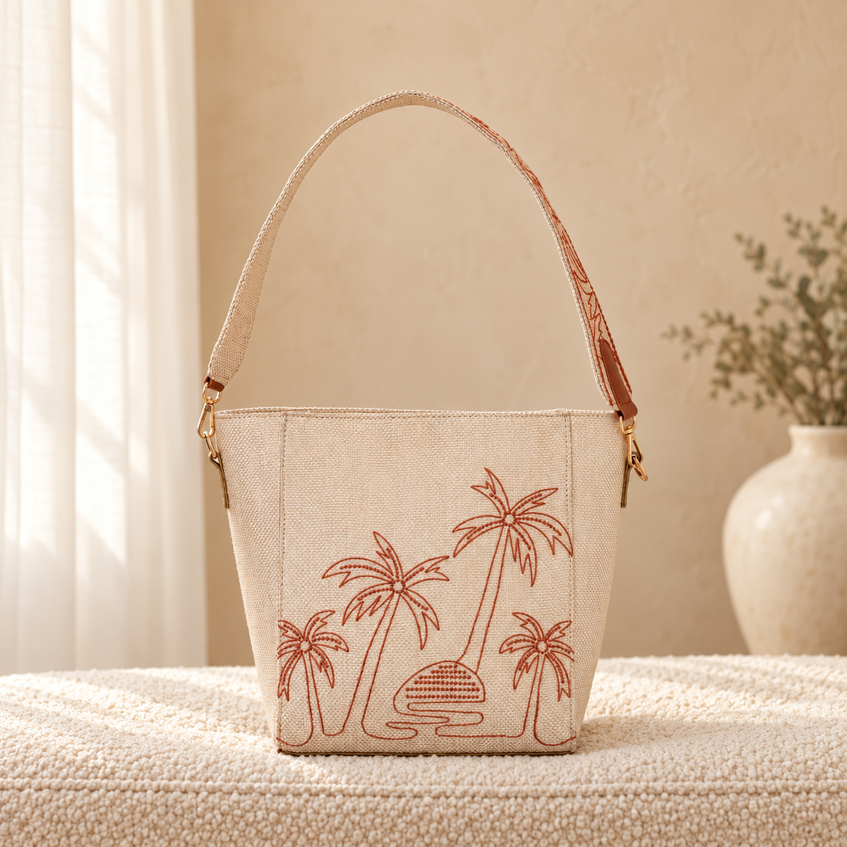 Blackwood Embroidered Canvas Satchel Bag for Women Fawn in a cozy cream setting