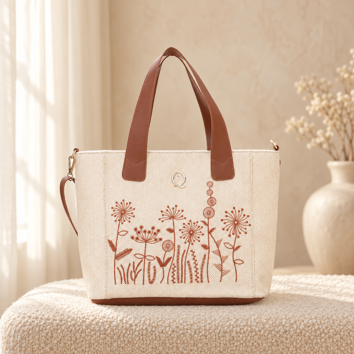 Flora Delight Canvas Tote Bag for Women | Leather Detail | Quill Beige in a cozy cream setting