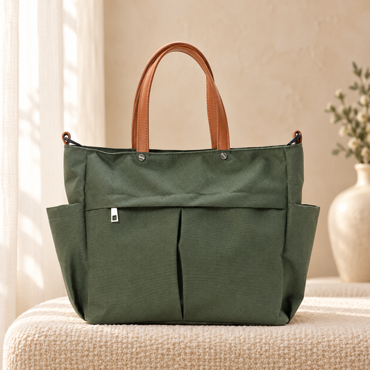 Premium Nylon Tote Bag for Women — Lightweight Everyday Handbag Green in a cozy cream setting