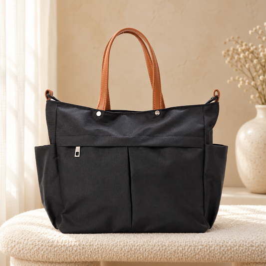 Premium Nylon Tote Bag for Women — Lightweight Everyday Handbag Black in a cozy cream setting