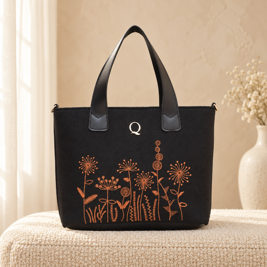 Flora Delight Canvas Tote Bag for Women | Leather Detail | Quill Black in a cozy cream setting
