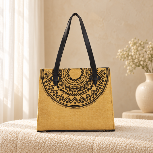 Necklace Blossom Golden Embroidery Canvas Bag for Women | Quill Yellow in a cozy cream setting