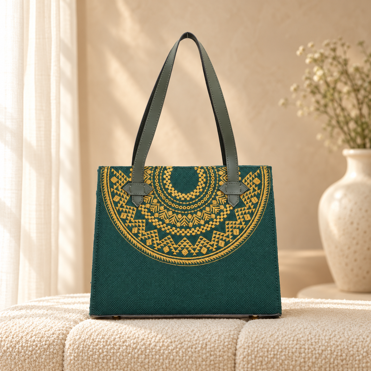 Necklace Blossom Golden Embroidery Canvas Bag for Women | Quill Green in a cozy cream setting