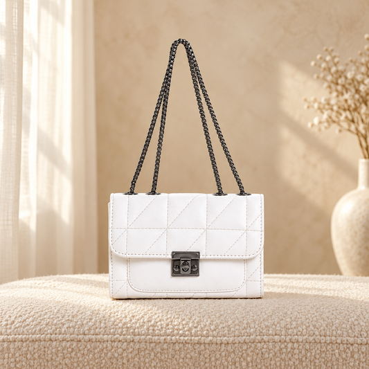Luxe Quilted Handbag for Women | Chain Strap Shoulder Bag | Quill White in a cozy cream setting