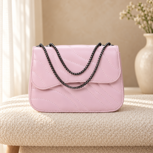 Wave Quilting Chain Strap Handbag for Women | Quill Pakistan Pink in a cozy cream setting