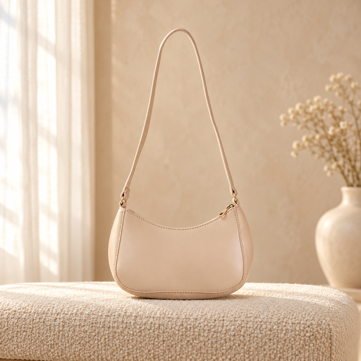 U Curve Hobo Handbag for Women | Shoulder Crossbody Bag | Quill Beige in a cozy cream setting