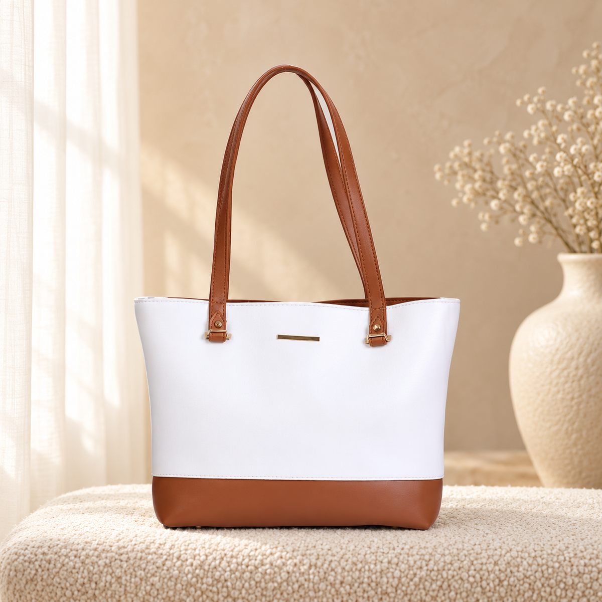 Liza 3 Piece Tote Bag Set for Women | Faux Leather Handbag | Quill — Beige Tan in cozy cream setting