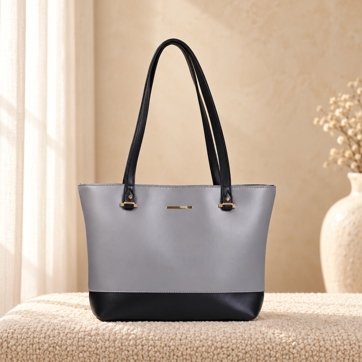 Liza 3 Piece Tote Bag Set for Women | Faux Leather Handbag | Quill Grey Black in a cozy cream setting