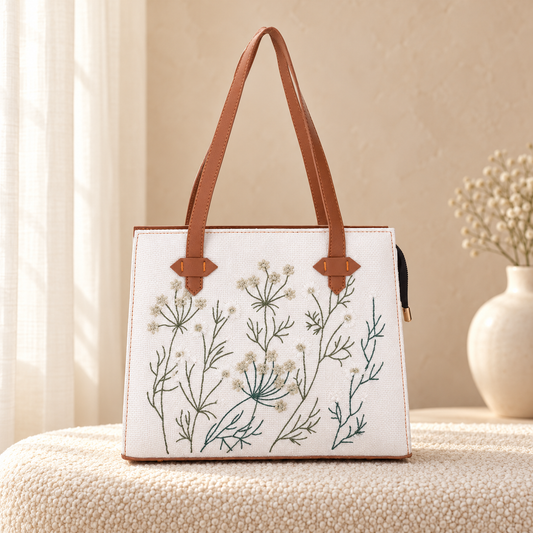 Whispering Leaves Embroidered Canvas Tote Bag for Women White in a cozy cream setting