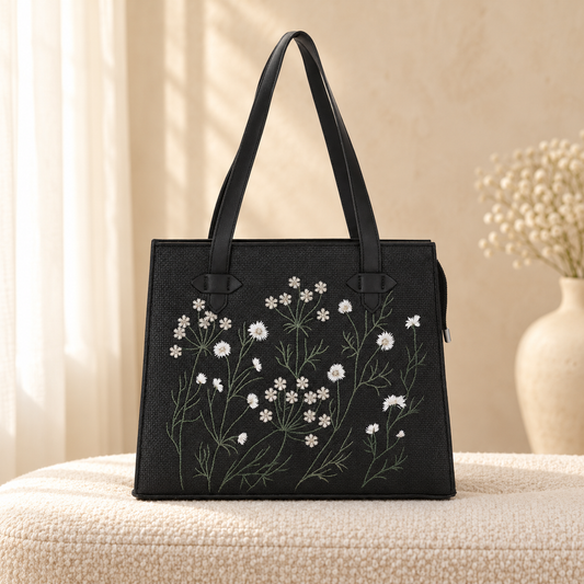 Whispering Leaves Embroidered Canvas Tote Bag for Women Black in a cozy cream setting
