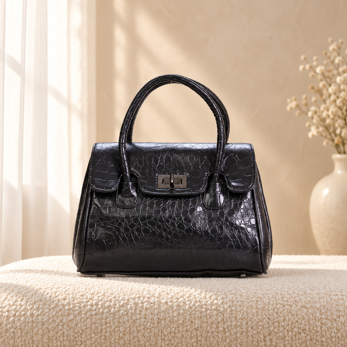Portable Fashionable Crossbody Bag for Women | Structured Handbag | Quill Black in a cozy cream setting