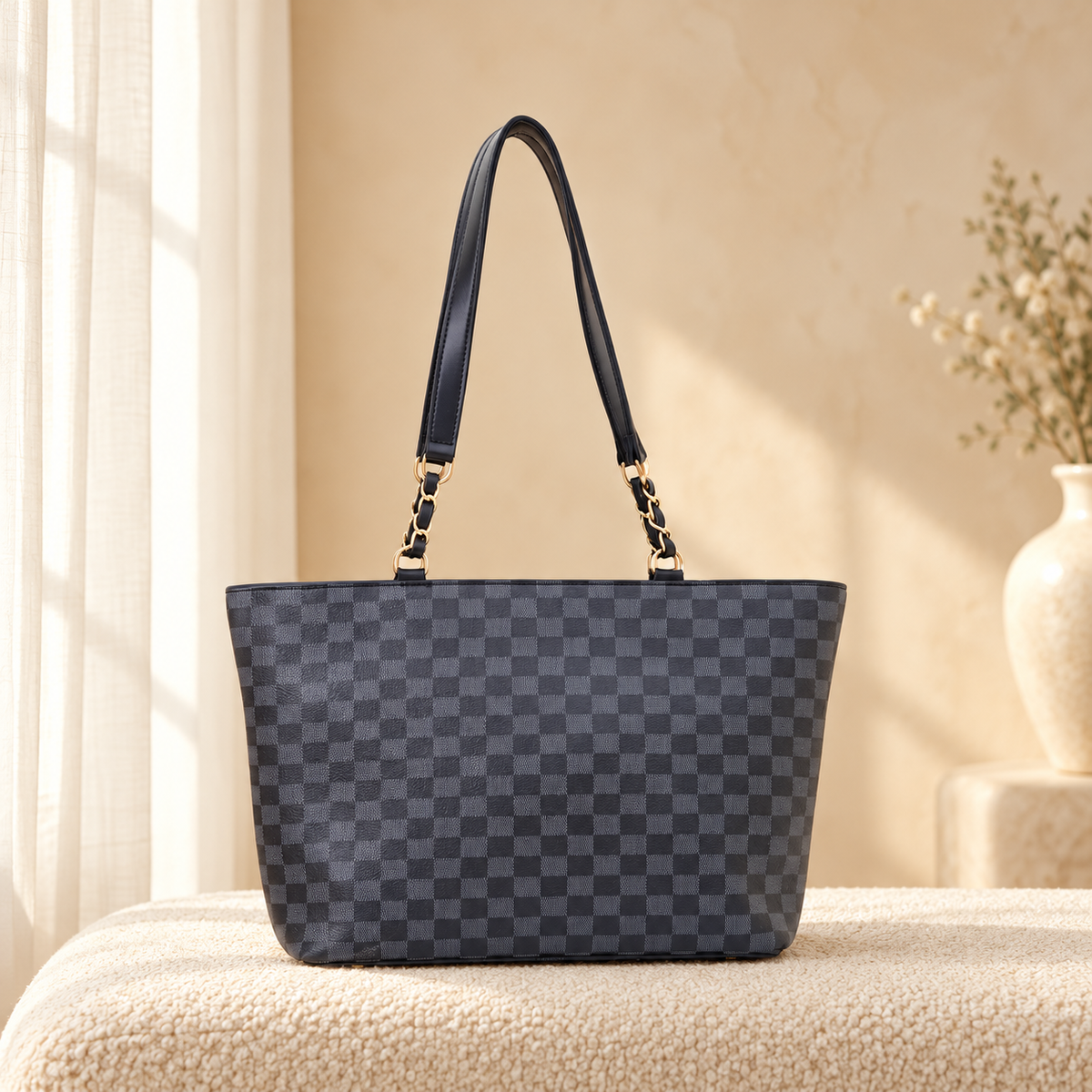 Chess Tote Bag for Women | Checkered Canvas Handbag | Quill Black in a cozy cream setting
