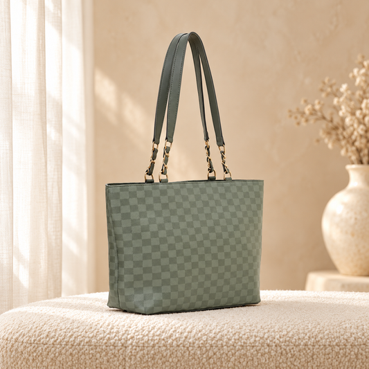 Chess Tote Bag for Women | Checkered Canvas Handbag | Quill Green in a cozy cream setting