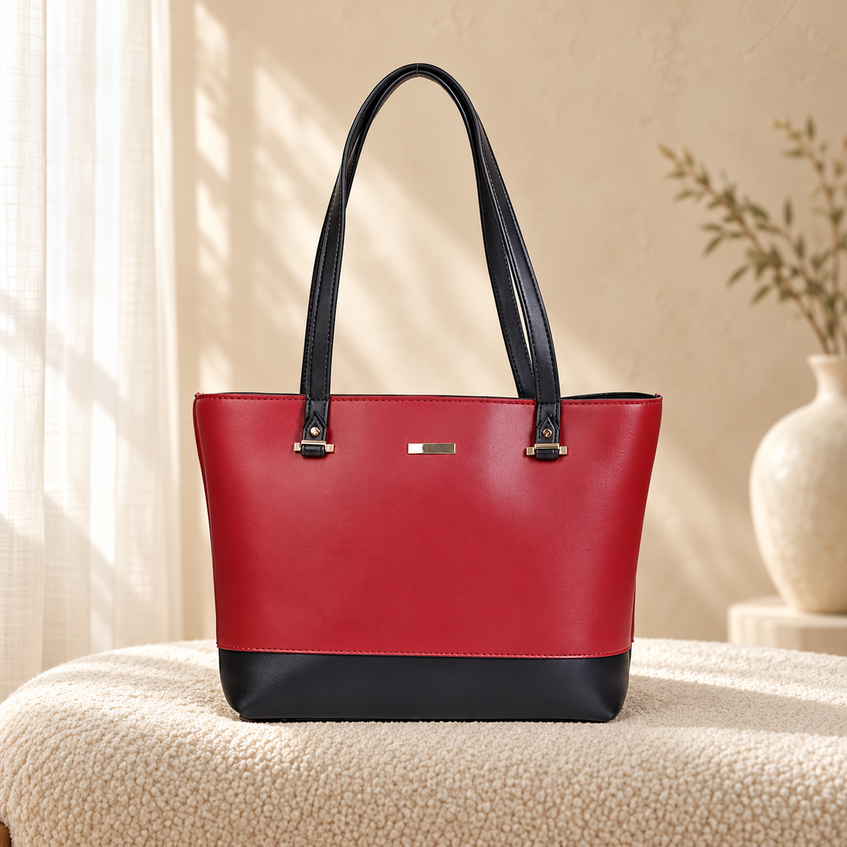Liza 3 Piece Tote Bag Set for Women | Faux Leather Handbag | Quill Maroon Black in a cozy cream setting