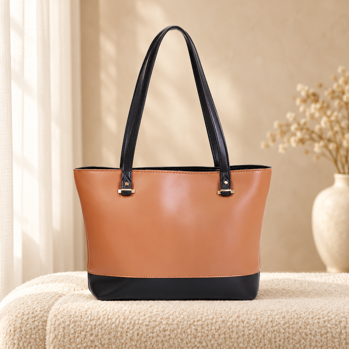 Liza 3 Piece Tote Bag Set for Women | Faux Leather Handbag | Quill Tan Black in a cozy cream setting