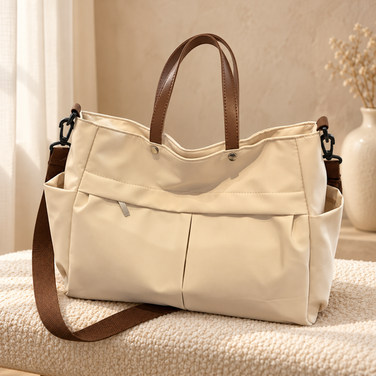 Premium Nylon Tote Bag for Women — Lightweight Everyday Handbag — Beige in cozy cream setting