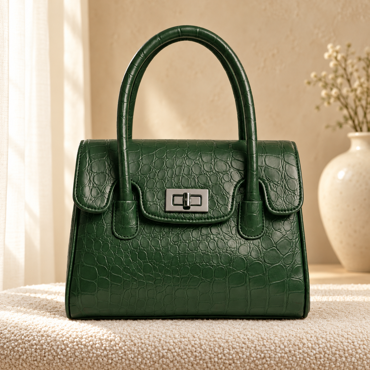 Portable Fashionable Crossbody Bag for Women | Structured Handbag | Quill Green in a cozy cream setting