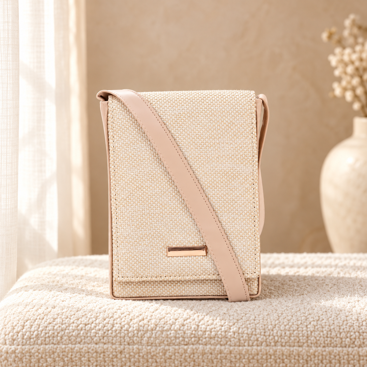 Sandstone Flap Mini Crossbody Bag Beige in a cozy cream setting