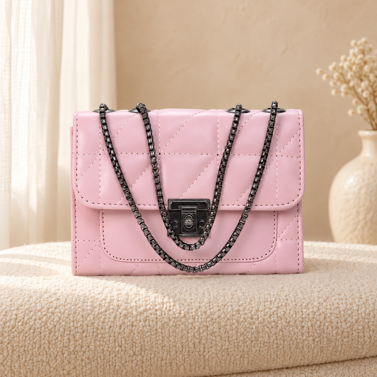 Luxe Quilted Handbag for Women | Chain Strap Shoulder Bag | Quill Pink in a cozy cream setting