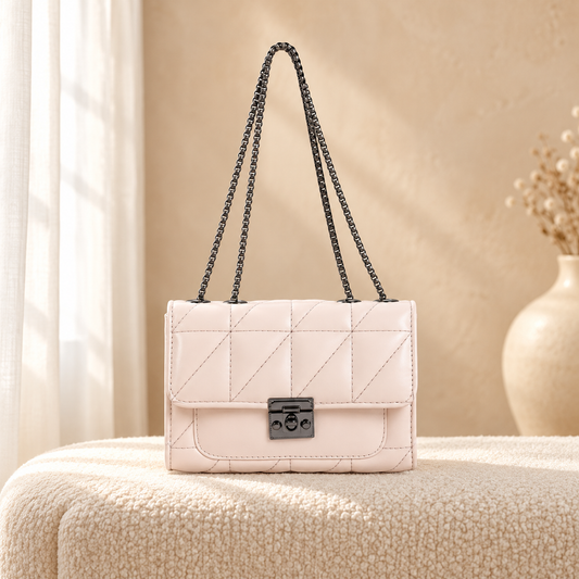 Luxe Quilted Handbag for Women | Chain Strap Shoulder Bag | Quill Beige in a cozy cream setting