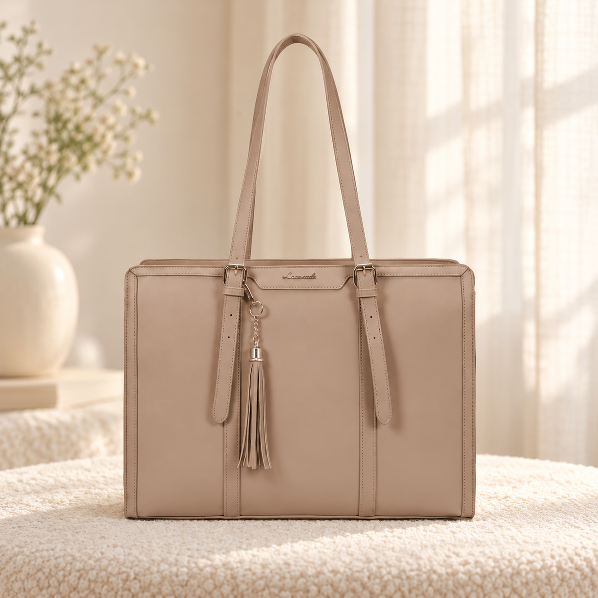 Gold Accent 2 Piece Laptop Tote Bag for Women | PU Leather | Quill — Fawn in cozy cream setting