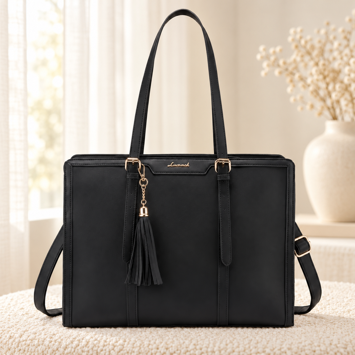 Gold Accent 2 Piece Laptop Tote Bag for Women | PU Leather | Quill in cozy cream setting
