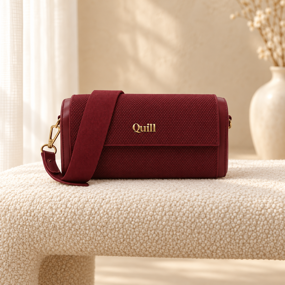 Mini Metallic Chain Crossbody Bag for Women Maroon Red in a cozy cream setting