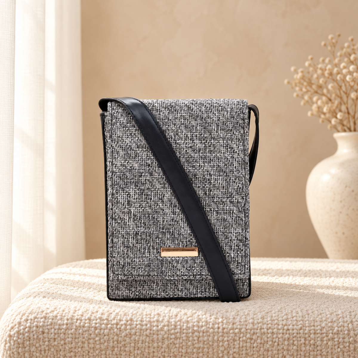 Sandstone Flap Mini Crossbody Bag Grey Black in a cozy cream setting