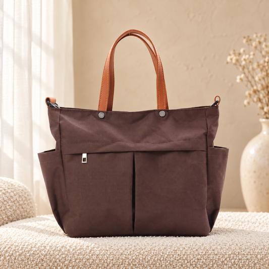 Premium Nylon Tote Bag for Women — Lightweight Everyday Handbag Brown in a cozy cream setting
