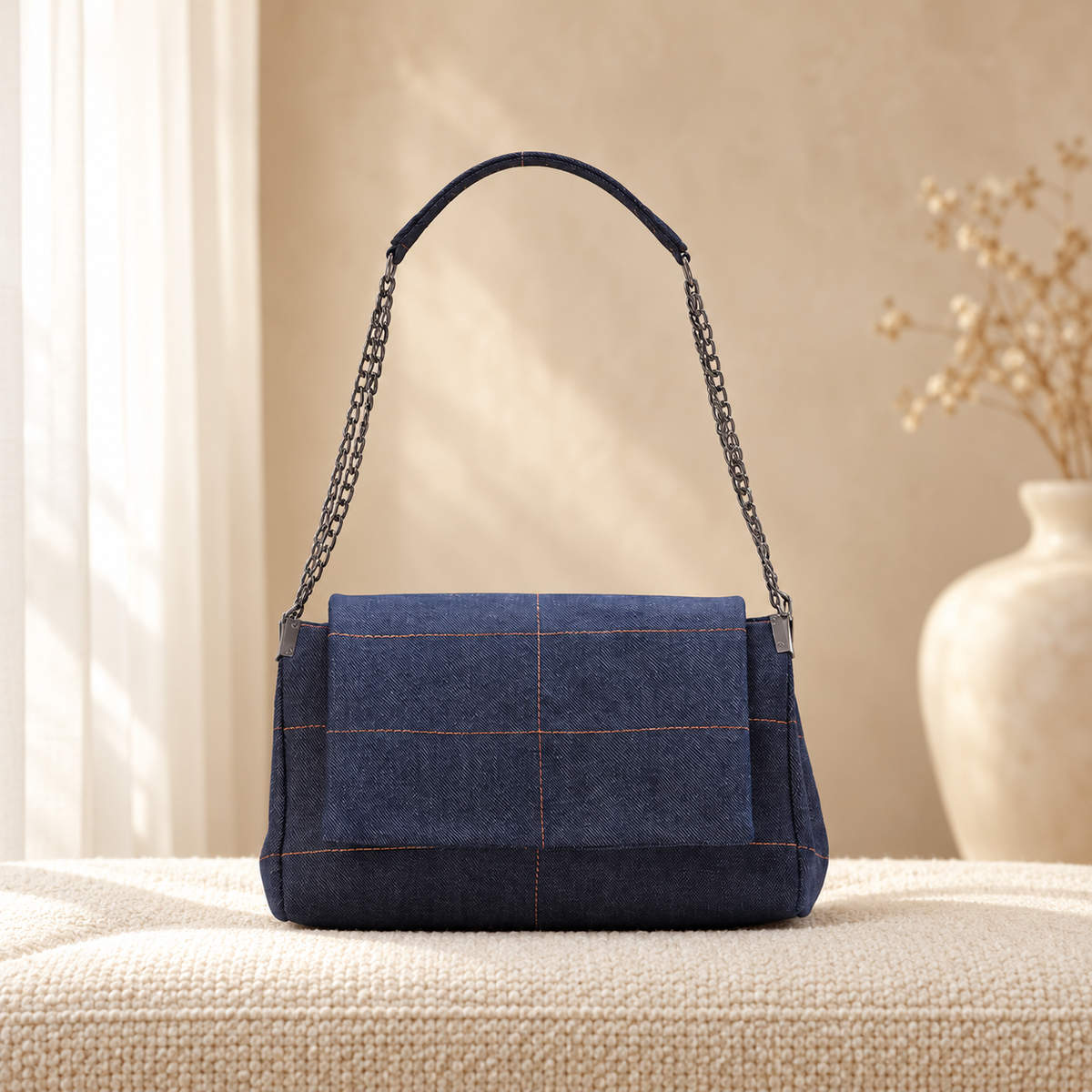 Retro Chain Shoulder Bag for Women — Faux Leather Crossbody Purse Denim Blue in a cozy cream setting