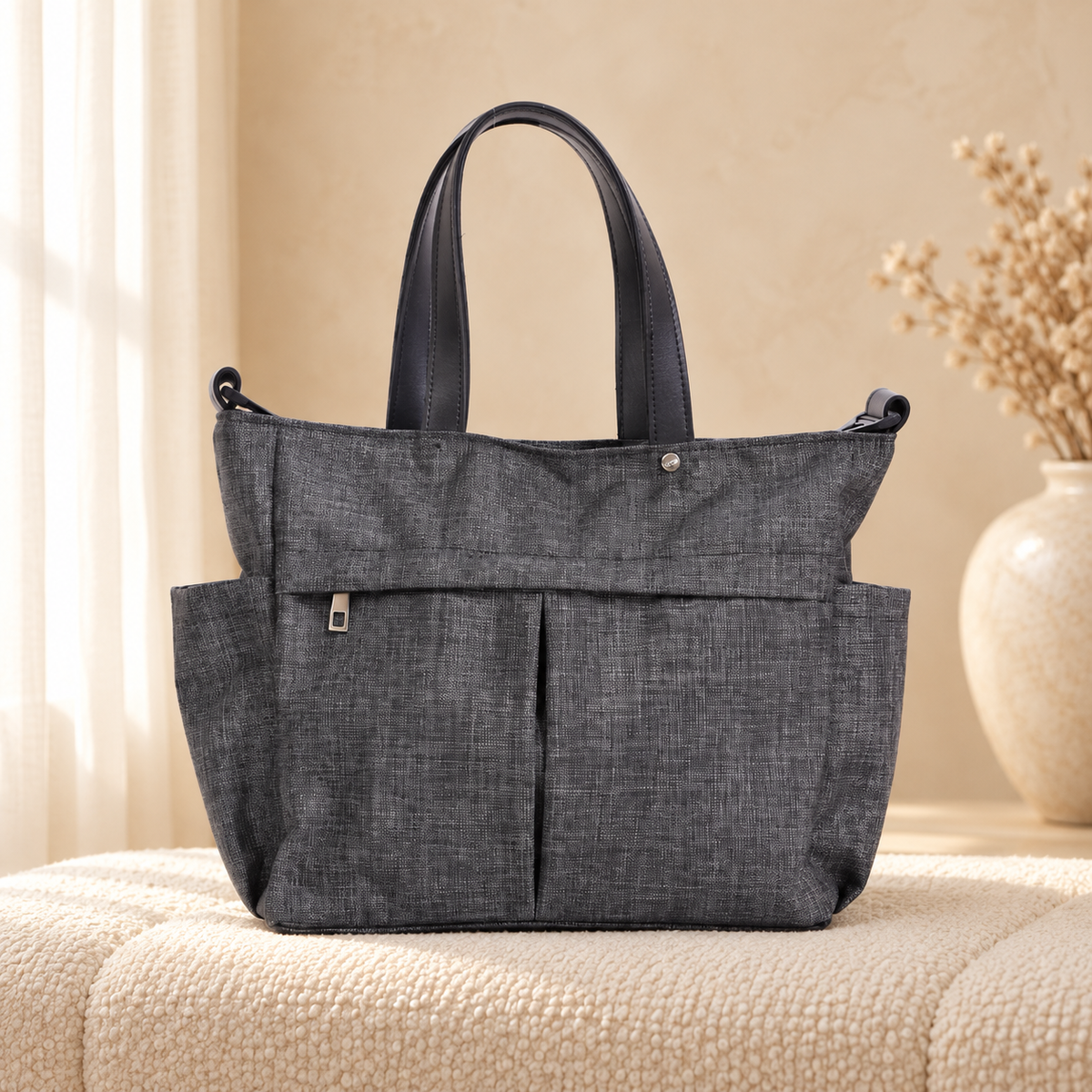 Premium Nylon Tote Bag for Women — Lightweight Everyday Handbag Grey Black in a cozy cream setting