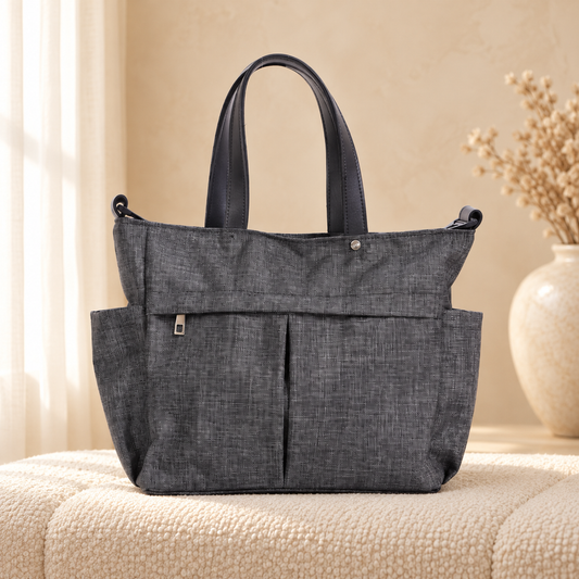 Premium Nylon Tote Bag for Women — Lightweight Everyday Handbag Grey Black in a cozy cream setting