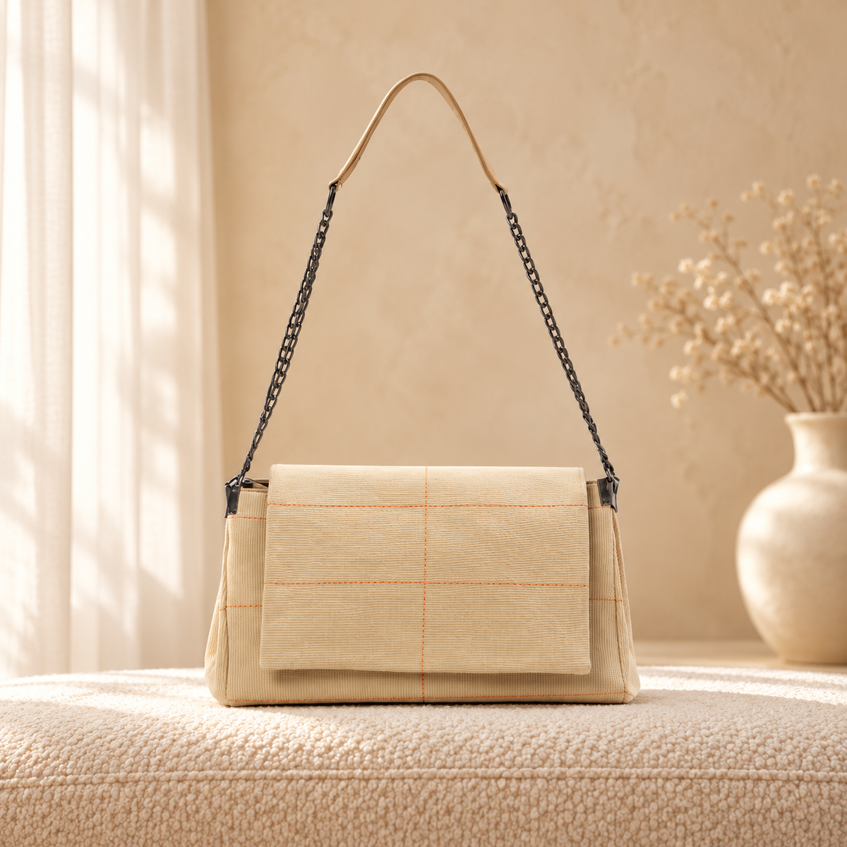 Retro Chain Shoulder Bag for Women — Faux Leather Crossbody Purse Beige in a cozy cream setting
