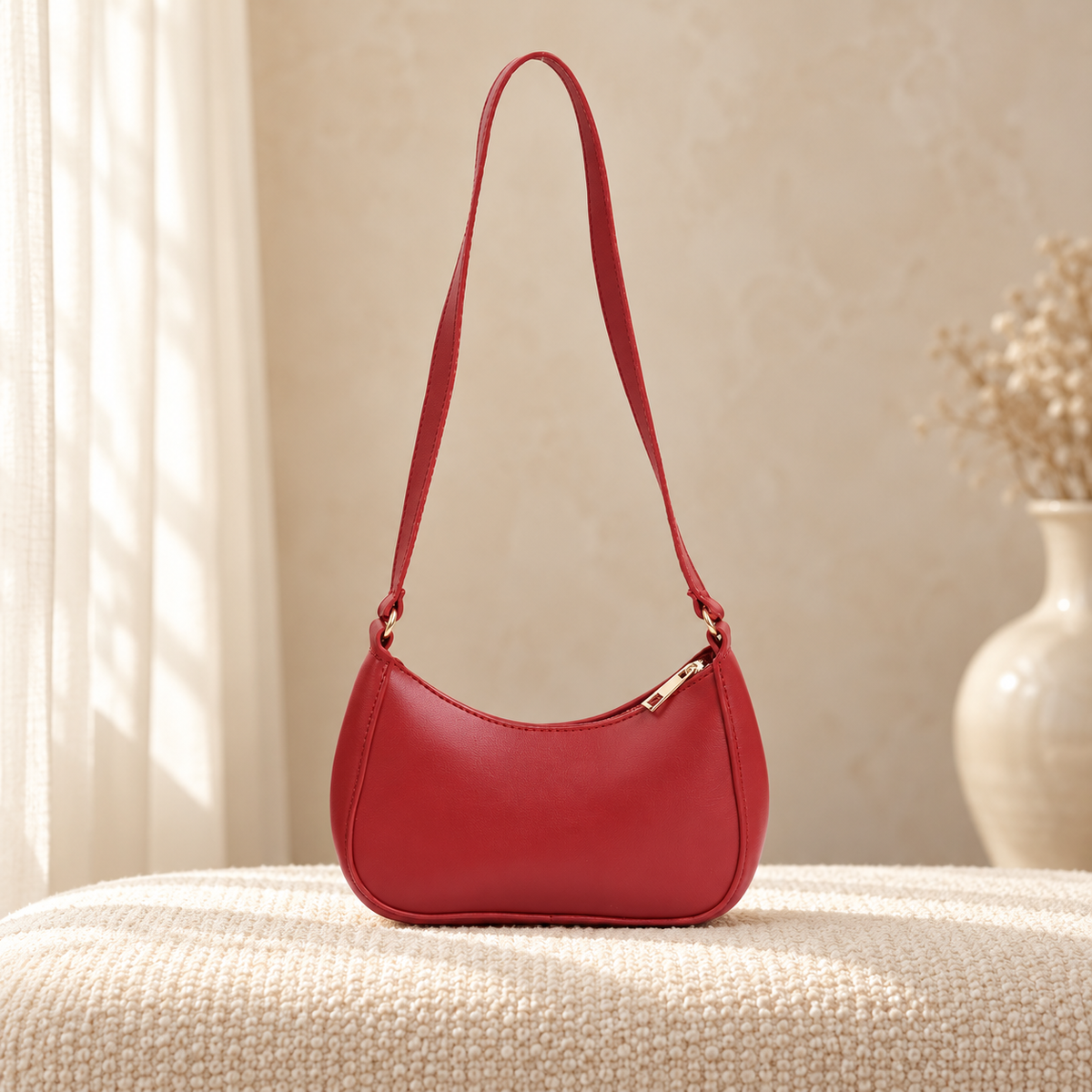 U Curve Hobo Handbag for Women | Shoulder Crossbody Bag | Quill Maroon Red in a cozy cream setting