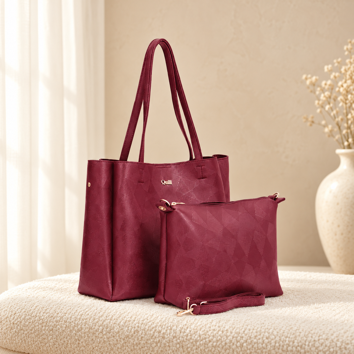ZigZag Textured 2 Piece Tote Bag Set for Women | Handbag | Quill – Maroon Red, cozy catalog image