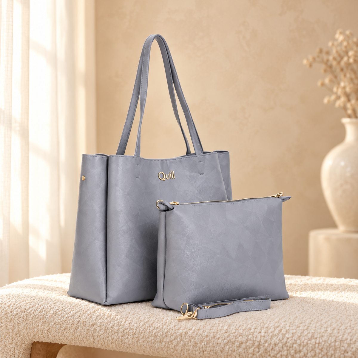 ZigZag Textured 2 Piece Tote Bag Set for Women | Handbag | Quill in cozy cream setting