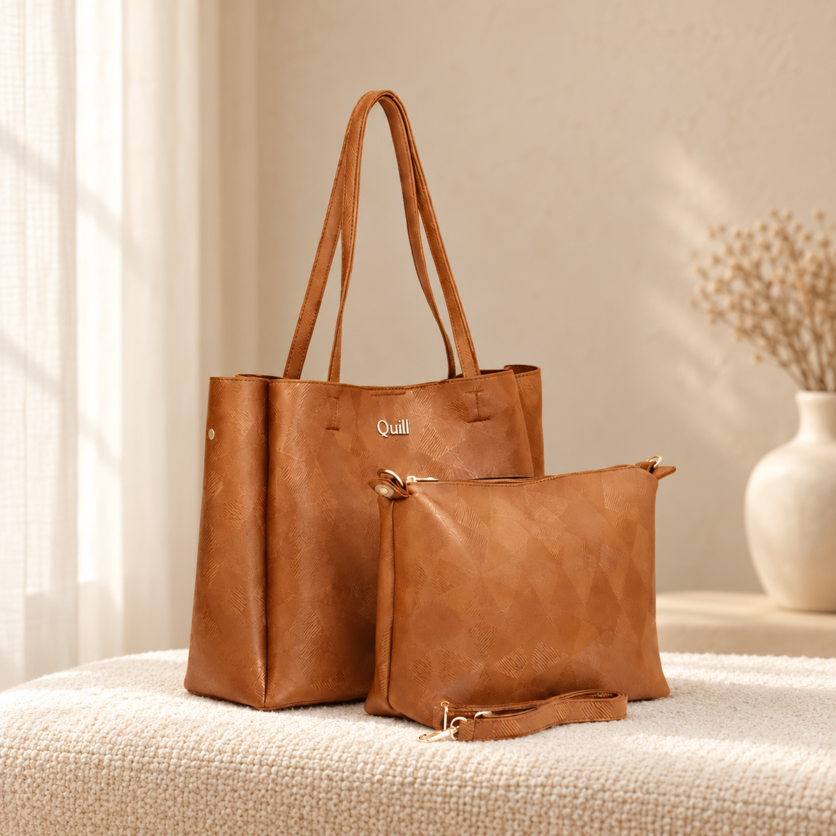 ZigZag Textured 2 Piece Tote Bag Set for Women | Handbag | Quill in cozy cream setting