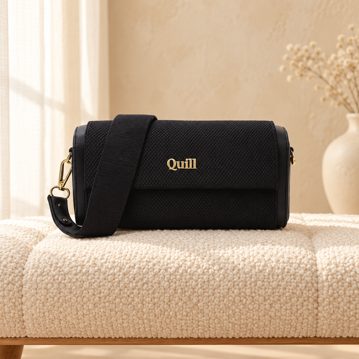 Mini Metallic Chain Crossbody Bag for Women Black in a cozy cream setting