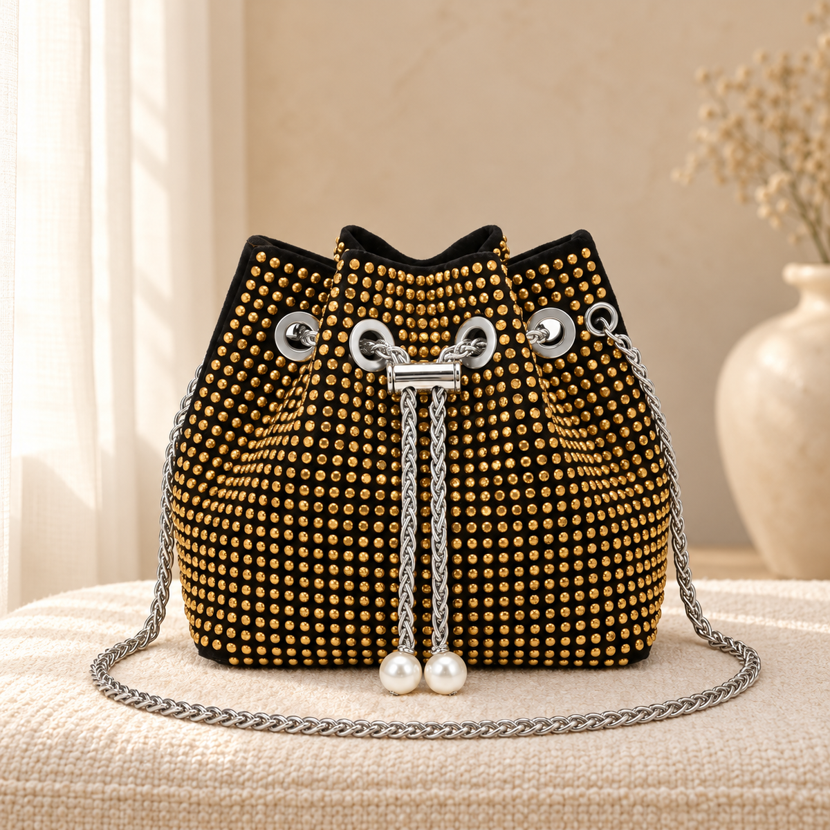 Sparkly Sequin Shoulder Bag for Women — Elegant Evening Clutch Rose Gold in a cozy cream setting