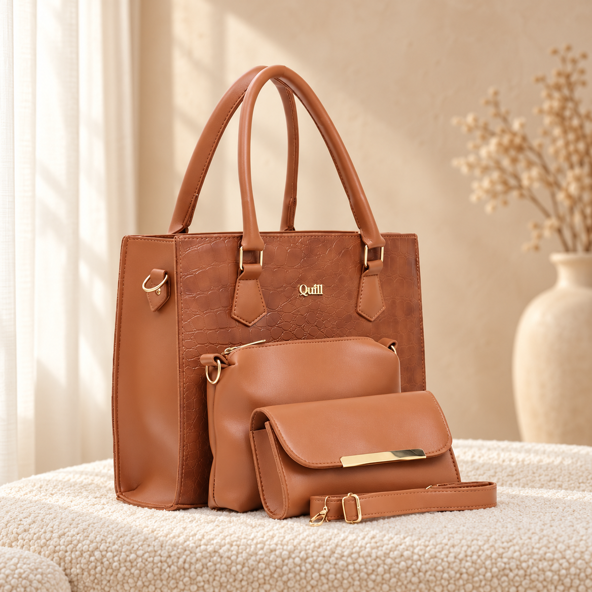 Alaska 3 Piece Tote Bag Set for Women | Premium Handbag | Quill in cozy cream setting