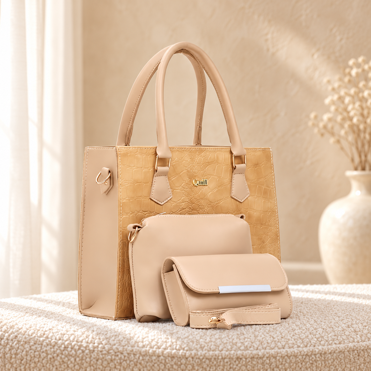Alaska 3 Piece Tote Bag Set for Women | Premium Handbag | Quill in cozy cream setting