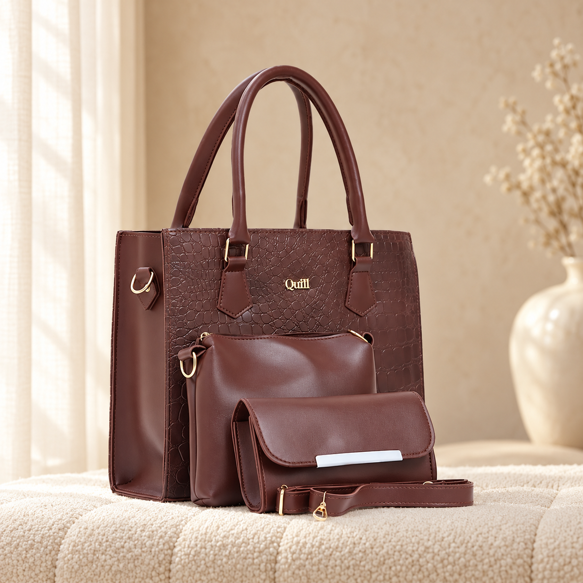 Alaska 3 Piece Tote Bag Set for Women | Premium Handbag | Quill in cozy cream setting