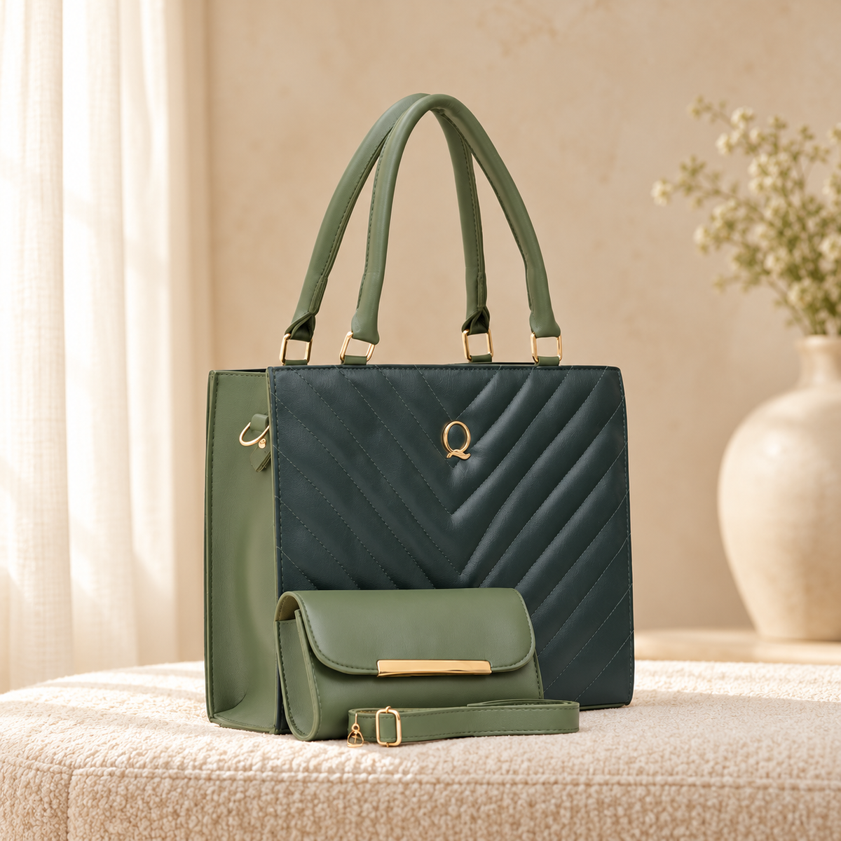 V Tote 2 Piece Tote Bag Set for Women | Handbag Pakistan | Quill Green in a cozy cream setting