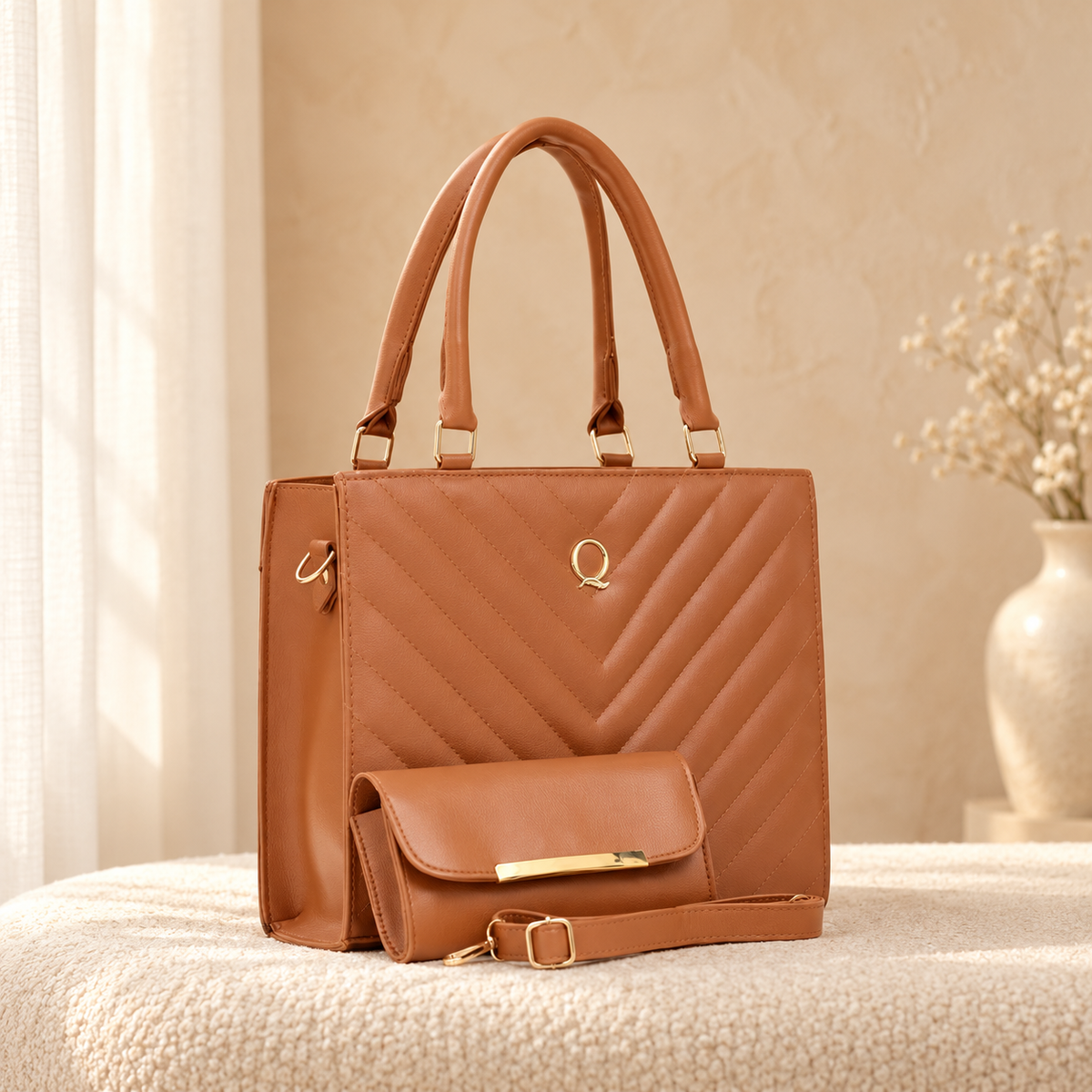 V Tote 2 Piece Tote Bag Set for Women | Handbag Pakistan | Quill Tan in a cozy cream setting