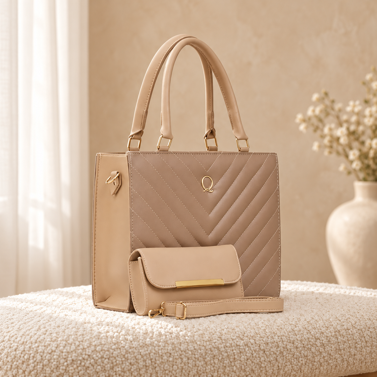 V Tote 2 Piece Tote Bag Set for Women | Handbag Pakistan | Quill Beige Tan in a cozy cream setting