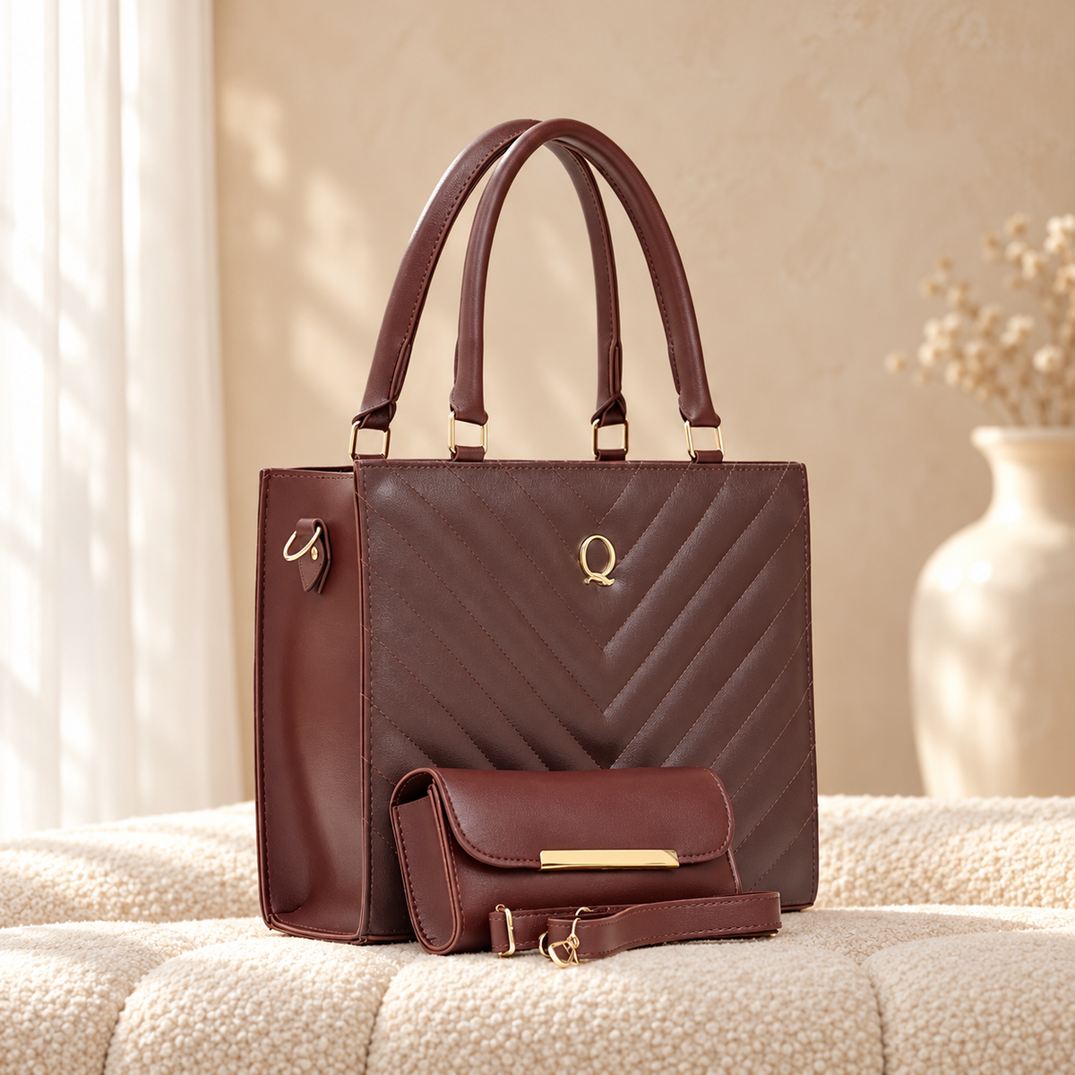 V Tote 2 Piece Tote Bag Set for Women | Handbag Pakistan | Quill Brown in a cozy cream setting