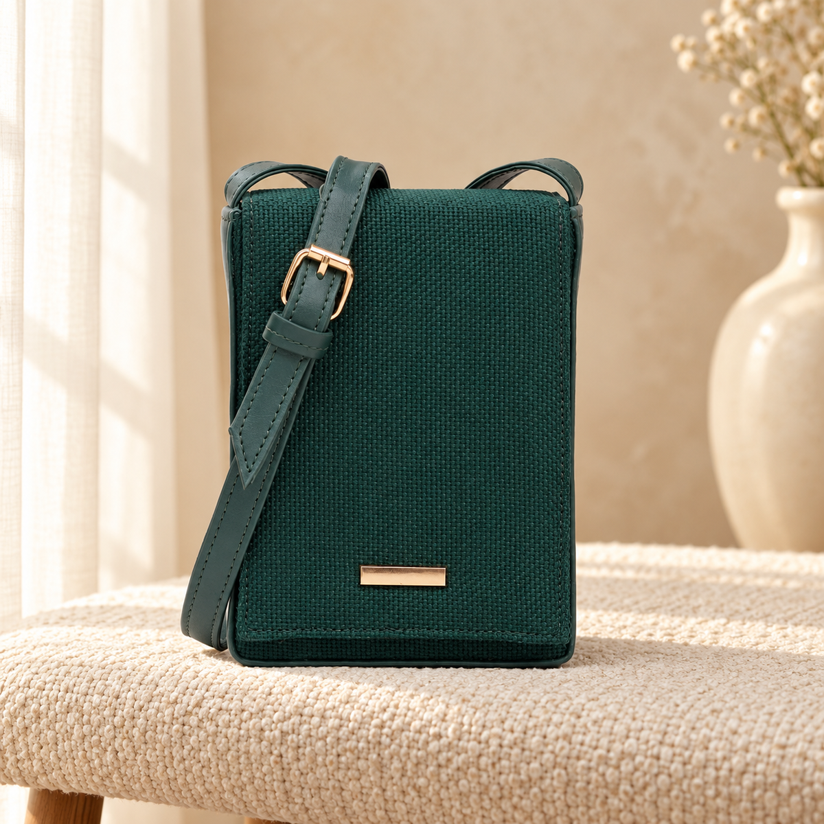 Sandstone Flap Mini Crossbody Bag Green in a cozy cream setting