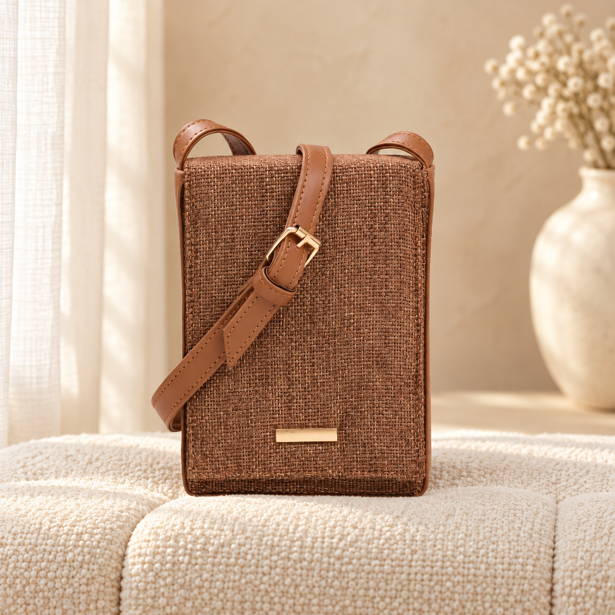 Sandstone Flap Mini Crossbody Bag Brown in a cozy cream setting